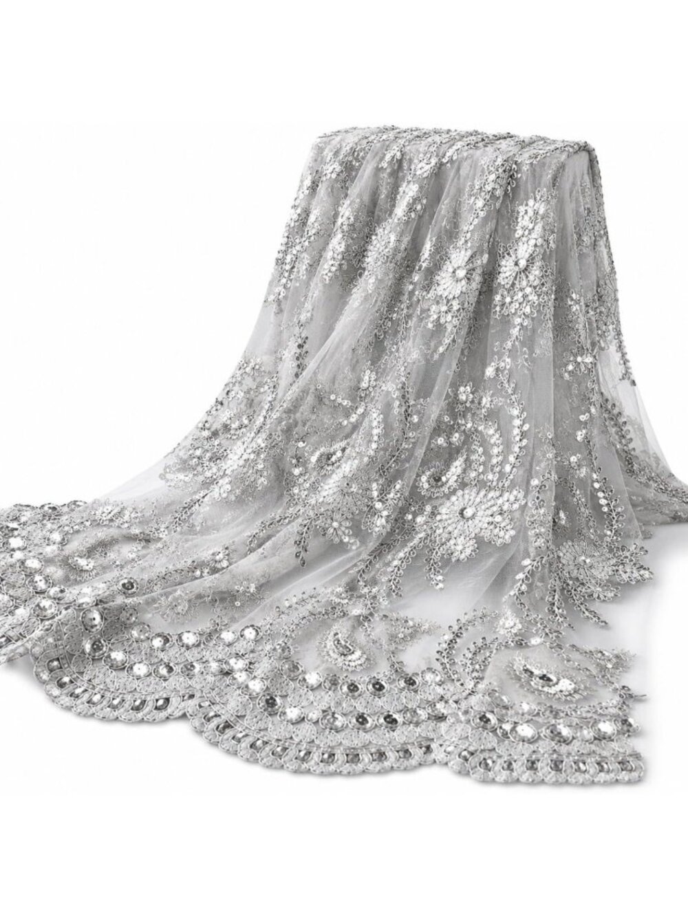 Elegant Floral Lace Fabric with Sequins – 48"/50" Wide Mesh for Gowns & Crafts
